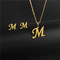 Letter M Golden Stainless Steel Initial Letter Jewelry Set, Stud Earrings & Pendant Necklaces, Letter M, No Size
