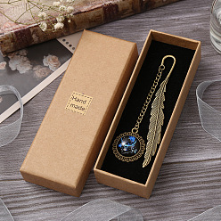 Dodger Blue Alloy Feather Shape Bookmark, with Long Chain & Flat Round Pendant, Constellation Pattern, Dodger Blue, 115mm