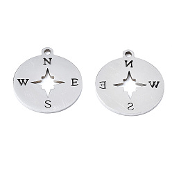 Stainless Steel Color 201 Stainless Steel Pendants, Laser Cut, Compass, Stainless Steel Color, 17x15x1mm, Hole: 1.4mm