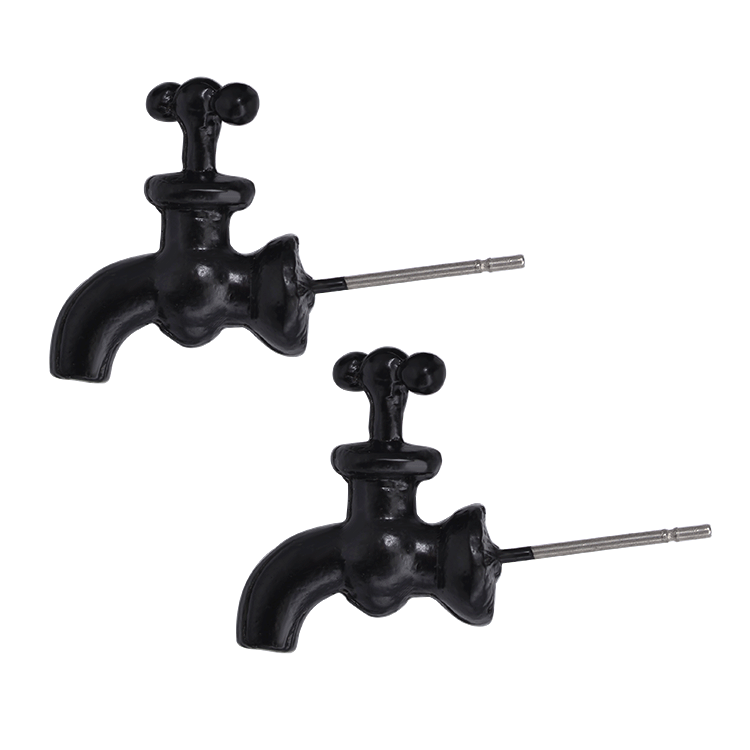 Black Alloy Front Back Stud Earrings, Water Faucet Shape, Black, 13x28mm