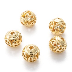 Real 18K Gold Plated Alloy Hollow Beads, Round with Cross, Cadmium Free & Lead Free, Real 18K Gold Plated, 8x7~8mm, Hole: 1.5~2mm