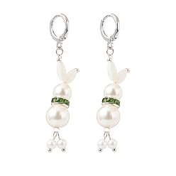 Platinum Shell Pearl Rabbit Long Dangle Leverback Earrings, Brass Jewelry for Women, Platinum, 60mm, Pin: 1x0.8mm