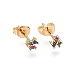 Colorful Brass Micro Pave Cubic Zirconia Stud Earrings, Clover, Golden, Colorful, 4.5x4.5x2.3mm, Pin: 0.7mm