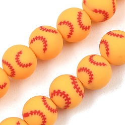 Orange Handmade Polymer Clay Beads Strands, Round with Baseball, Orange, 8mm, Hole: 1.2mm, about 40pcs/strand, 12.20''(31cm)