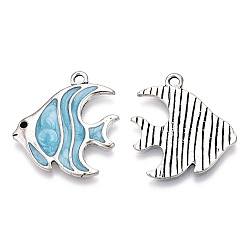 Светло-Голубой Кулон эмали сплава, античное серебро, очарование рыбы, без кадмия и без свинца, Небесно-голубой, 27x25x1.5 мм, отверстие : 2 мм