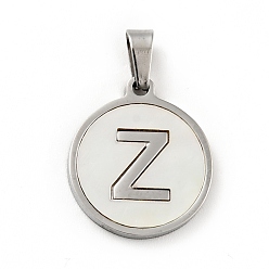 Letter Z 304 Stainless Steel with White Shell Pendants, Stainless Steel Color, Flat Round with Letter Charm, Letter.Z, 18x16x1.5mm, Hole: 3x6mm
