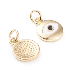 Real 18K Gold Plated Brass Enamel Charms, with Jump Rings, Long-Lasting Plated, Flat Round with Evil Eye, White & Black, Real 18K Gold Plated, 12.5x10x2mm, Hole: 3mm
