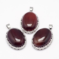 Carnelian Natural Carnelian Pendants, with Brass Findings, Oval, Dyed, Platinum, 30x21x10~11mm, Hole: 6x4mm