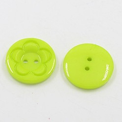 Yellow Green Acrylic Sewing Buttons for Clothes Design, Plastic Buttons, 2-Hole, Dyed, Flat Round with Flower Pattern, Yellow Green, 12.5x3mm, Hole: 1mm