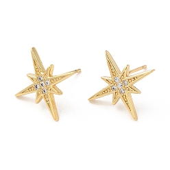 Real 18K Gold Plated Rack Plating Brass Star Stud Earrings with Cubic Zirconia, Lead Free & Cadmium Free, Real 18K Gold Plated, 16x16mm