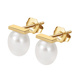 Real 14K Gold Plated 925 Sterling Silver Stud Earrings with Pearl Beaded, with S925 Stamp, Golden, 10.8x8mm