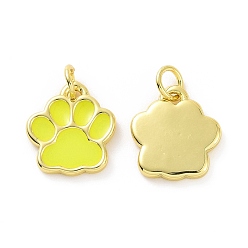 Yellow Rack Plating Brass Enamel Charms, with Jump Ring, Long-Lasting Plated, Real 18K Gold Plated, Cadmium Free & Lead Free, Dog's Paw Print, Yellow, 11.5x10x1.5mm, Jump Ring: 4x0.6mm, Inner Diameter: 2.5mm