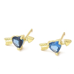 Steel Blue Heart with Arrow Real 18K Gold Plated Brass Stud Earrings, with Clear Cubic Zirconia, Long-Lasting Plated, Lead Free & Cadmium Free, Steel Blue, 6x13mm