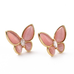 Pink Cat Eye Butterfly Stud Earrings with Clear Cubic Zirconia, Real 18K Gold Plated Brass Jewelry for Women, Cadmium Free & Lead Free, Pink, 15x17.5mm, Pin: 0.7mm