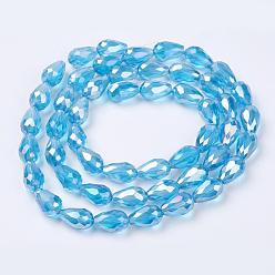 Sky Blue Electroplate Glass Beads Strands, AB Color Plated, Faceted Teardrop, Sky Blue, 12x8mm, 58pcs/strand, 26.5 inch