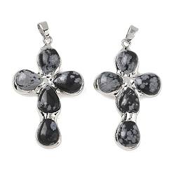 Snowflake Obsidian Natural Snowflake Obsidian Pendants, Cross Charms, with Platinum Tone Brass Findings, 38~41x22.5~23.5x5.5~6mm, Hole: 5.5x3.5mm