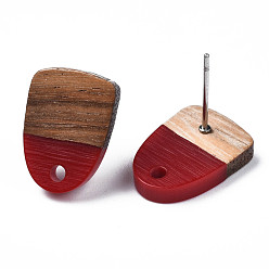 Темно-Красный Серьги-гвоздики из непрозрачной смолы и орехового дерева, с 304 штифтом и отверстием из нержавеющей стали, два тона, половину овальной, темно-красный, 15x11 мм, отверстие : 1.8 мм, штифты : 0.7 мм