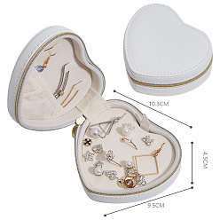 Blanc Boîtes à fermeture à glissière de stockage de bijoux en cuir pu coeur, étui de voyage organisateur de bijoux, pour le collier, porte-boucles d'oreilles, blanc, 9.5x10.3x4.5 cm