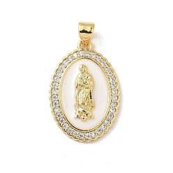 Настоящее золото 18K Латунные микро проложить кубического циркония подвески, овальные с рисунками " virgin mary", с эмалью, без свинца и без кадмия, долговечный, стойки покрытие, реальный 18 k позолоченный, 24x16.5x3.5 мм, отверстие : 5 мм