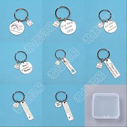Stainless Steel Color PandaHall Elite 8Pcs 8 Style 304 Stainless Steel Lettering Keychains, Teachers' Day Theme, with Word, Flat Round & House & Heart & Rectangle, Stainless Steel Color, 6~8cm, 1pc/style