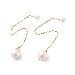 Real 18K Gold Plated Round Natural Pearl Earrings for Women, Sterling Silver Ear Thread, Real 18K Gold Plated, 93x10mm