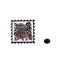 Rooster Chinese Style Alloy Enamel Pins, Square Stamp Brooch, Zodiac Sign Badge for Clothes Backpack, Rooster, 30x30mm