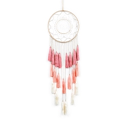 Light Coral Iron Bohemian Woven Web/Net with Feather Pendant Decorations, with Tassel for Home Bedroom Hanging Decorations, Light Coral, 830x200mm