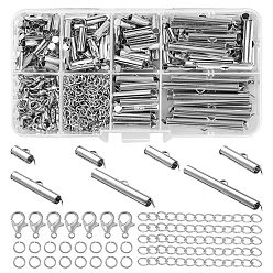 Platinum DIY Jewelry Making Finding Kit, Including Iron Slide On End Clasp Tubes, Zinc Alloy Lobster Claw Clasps, Iron End Chains & Jump Rings, Platinum, 330Pcs/box