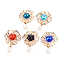 Mixed Color Acrylic Crystal Rhinestone Cabochons, with Rose Gold Plated Alloy Findings, Cadmium Free & Lead Free, Faceted, Flat Back, Flower, Mixed Color, 45x29x6.5mm