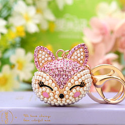 Full diamond fox head pink Sparkling Diamond Fox Car Keychain Women's Bag Charm Metal Keyring Gift