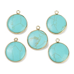 Синтетическая Бирюза Окрашенные синтетические бирюзовые подвески, плоские круглые прелести, с латунной, без свинца и без кадмия, стойки покрытие, золотые, бледные бирюзовая, 22~23x18.5~19.5x4~5 мм, отверстие : 1.8~2 мм
