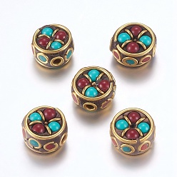 Raw(Unplated) Handmade Indonesia Beads, with Brass Findings, Nickel Free, Flat Round, Raw(Unplated), 12~13x7.5~9mm, Hole: 2mm