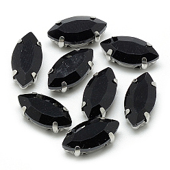 Black Sew on Rhinestone, Multi-strand Links, Glass Rhinestone, with Platinum Tone Brass Prong Settings, Garments Accessories, Faceted, Horse Eye, Black, 14.5x4x4mm, Hole: 0.8~1mm