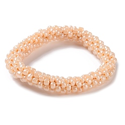 PeachPuff Crochet Glass Beads Braided Stretch Bracelet, Nepel Boho Style Bracelet, PeachPuff, Inner Diameter: 1-3/4 inch(4.5cm)