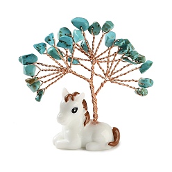 Магнезит Натуральные кусочки магнезита для украшения в виде дерева жизни, Подставка для лошади из смолы с медной проволокой, подарок в стиле фэн-шуй для украшения рабочего стола дома или в офисе, 67~73x19.5~20x68~73 мм