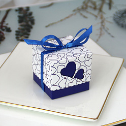 Medium Blue Square Foldable Creative Paper Gift Box, Candy Boxes, Heart Pattern with Ribbon, Decorative Gift Box for Wedding, Medium Blue, 5.2x5.2x5cm