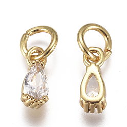 Clear Brass Micro Pave Cubic Zirconia Charms, with Jump Ring, Long-Lasting Plated, Real 18K Gold Plated, Faceted, Teardrop, Clear, 8x3x3mm, Hole: 3mm
