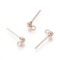 Розовое Золото 304 Выводы серьги из нержавеющей стали шпилька, с петлей, круглые, розовое золото , 14x3 мм, отверстие : 2 мм, штифты : 0.8 мм, круглый : 3 мм