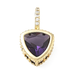 Dark Violet Brass Pave Cubic Zirconia Pendants, Triangle Charms, Long-Lasting Plated, Rack Plating, Lead Free & Cadmium Free, Real 18K Gold Plated, Dark Violet, 21x12x6mm, Hole: 7x5mm