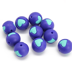 Blue Round with Heart Pattern Food Grade Silicone Beads, Chewing Beads For Teethers, DIY Nursing Necklaces Making, Blue, 15mm