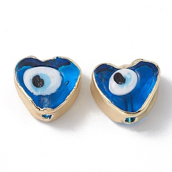 Dodger Blue Brass Beads, with Enamel, Real 18K Gold Plated, Heart with Evil Eye, Dodger Blue, 14.5x16x7mm, Hole: 1.6mm