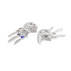 Colorful Rack Plating Alloy European Dangle Charms, with Rhinestone, Large Hole Beads, Cadmium Free & Nickel Free & Lead Free, Moon with Feather, Platinum, Colorful, 26mm, Hole: 5.5mm, Feather: 13~15x3x3mm