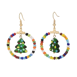 Colorful Glass Seed Beaded Ring with Lampwork Christmas Tree Dangle Earrings, Brass Jewelry for Women, Colorful, 52mm, Pin: 0.8mm