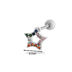 Нержавеющая Сталь Цвет Серьги-звездочки для хряща из латуни с микропаве из разноцветных кубических цирконий, 316l штифты из нержавеющей стали, цвет нержавеющей стали, 7 мм, штифты : 6x0.8 мм