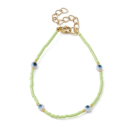 Light Green Evil Eye Lampwork & Glass Seed Beaded Bracelet with Real 18K Gold Plated 304 Stainless Steel Clasps, Light Green, 6-3/4 inch(17.2cm)
