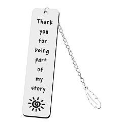 Sun Rectangle with Quote Thank You For Being Part of My Story Bookmark, Stainless Steel Bookmark, Feather Pendant Bookmark with Long Chain, Sun Pattern, 120x30mm
