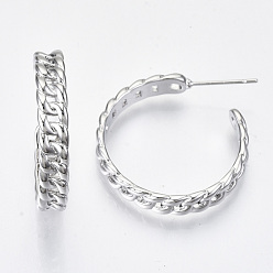 Real Platinum Plated Brass Half Hoop Earrings, Stud Earring, Nickel Free, Curb Chain Shape, Real Platinum Plated, 27x26x5mm, Pin: 0.7mm