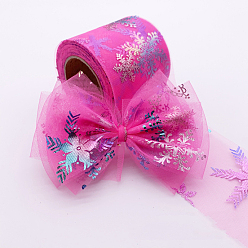 Deep Pink 25 Yards Christmas Polyester Deco Mesh Ribbon, Hot Stamping Snowflake Tulle Fabric, for Bowknot Making, Deep Pink, 60mm