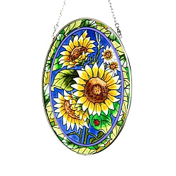 Yellow Glass Wall Decorations, for Home Decoration, Oval with Sunflower, Yellow, 215x165x5mm