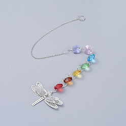 Platinum Chandelier Suncatchers Prisms Octogon Glass Chakra Hanging Pendant, with Dragonfly Iron Pendant and Cable Chain, Faceted, Platinum, 400x2mm